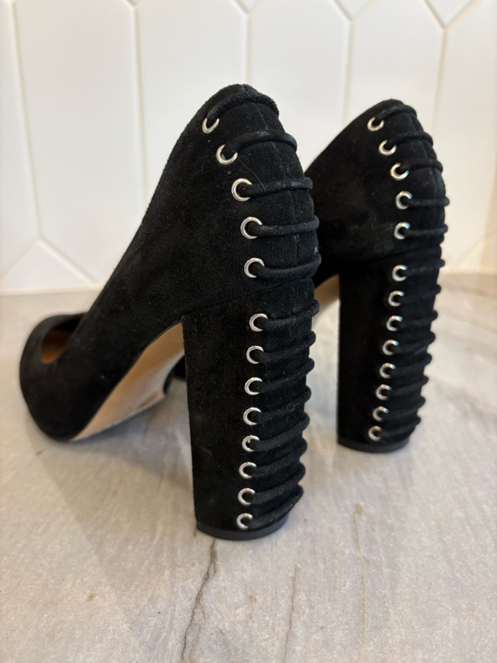 Black Suede Lace-Back Block Heel Pumps by Vince Camino size 9